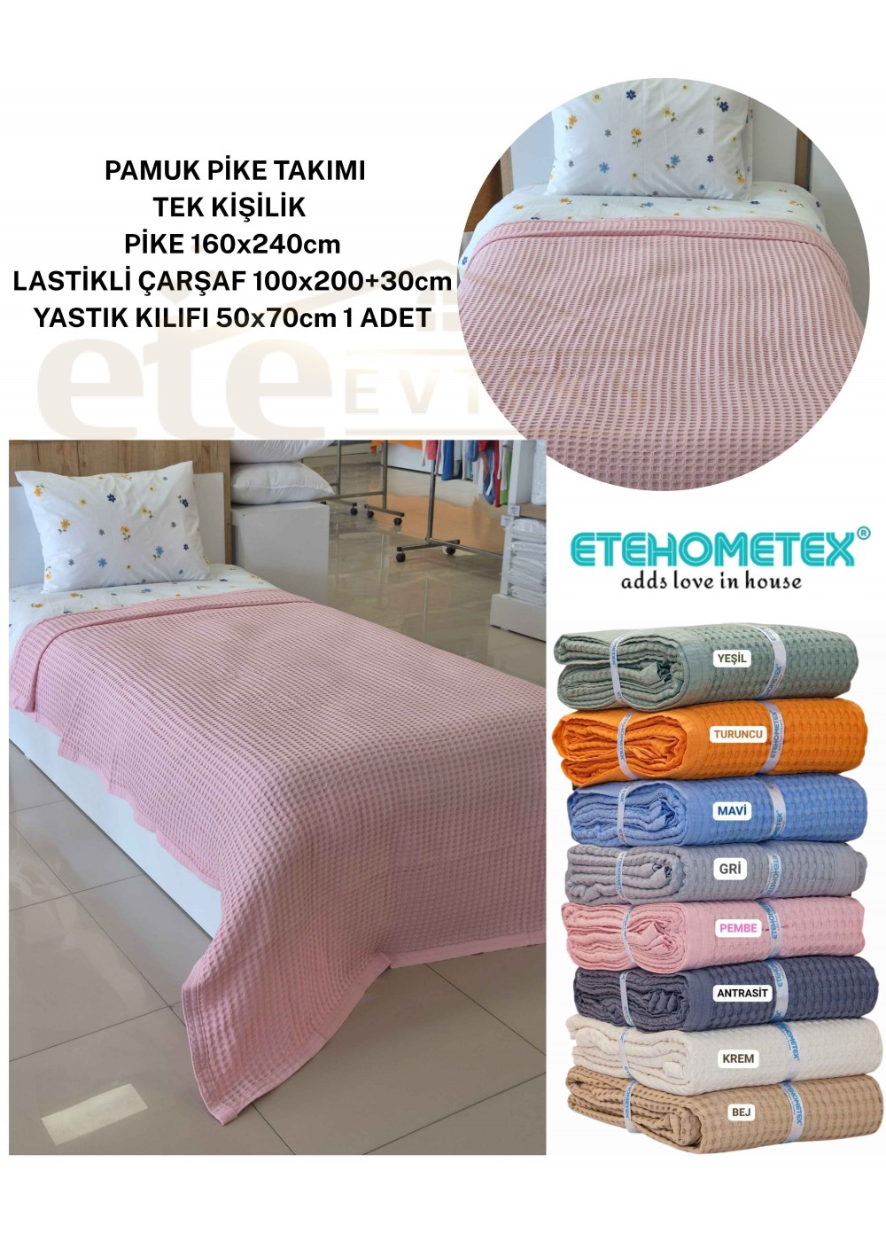 ETEHOMETEX HAVUZLU PİKE TAKIMI %100 PAMUK TEK KİŞİLİK PEMBE 8696474232108